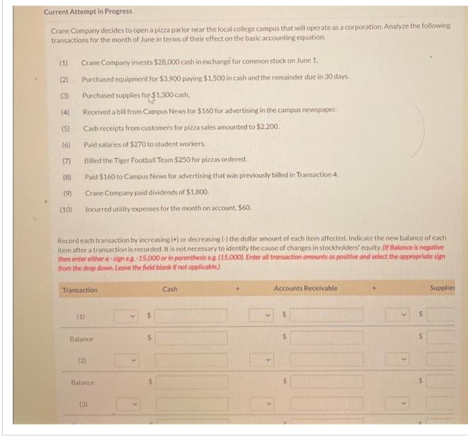 Current Attempt in Progress
Crane Company decides to open a pizza parlor near the local college campus that will operate as a corporation. Analyze the following
transactions for the month of June in terms of their effect on the basic accounting equation.
(1) Crane Company invests $28,000 cash in exchange for common stock on June 1.
(2)
Purchased equipment for $3,900 paying $1,500 in cash and the remainder due in 30 days.
Purchased supplies for $1,300 cash.
Received a bill from Campus News for $160 for advertising in the campus newspaper.
Cash receipts from customers for pizza sales amounted to $2,200.
Paid salaries of $270 to student workers.
Billed the Tiger Football Team $250 for pizzas ordered.
Paid $160 to Campus News for advertising that was previously billed in Transaction 4.
Crane Company paid dividends of $1,800.
Incurred utility expenses for the month on account. $60.
(3)
(4)
(5)
(6)
(7)
(8)
(9)
(10)
Record each transaction by increasing (+) or decreasing (-) the dollar amount of each item affected. Indicate the new balance of each
item after a transaction is recorded. It is not necessary to identify the cause of changes in stockholders' equity. (If Balance is negative
then enter either a-sign eg.-15,000 or in parenthesis e.g. (15,000). Enter all transaction amounts as positive and select the appropriate sign
from the drop down. Leave the field blank if not applicable.)
Transaction
Balance
(2)
Balance
(3)
S
Cash
V
Accounts Receivable
$
$
S
$
Supplies