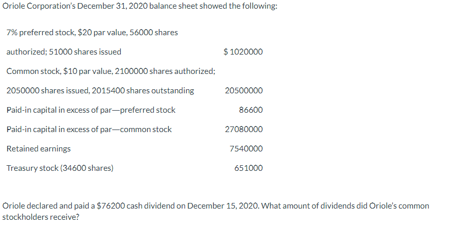 Oriole Corporation's December 31, 2020 balance sheet showed the following:
7% preferred stock, $20 par value, 56000 shares
authorized; 51000 shares issued
Common stock, $10 par value, 2100000 shares authorized;
2050000 shares issued, 2015400 shares outstanding
Paid-in capital in excess of par-preferred stock
Paid-in capital in excess of par-common stock
Retained earnings
Treasury stock (34600 shares)
$ 1020000
20500000
86600
27080000
7540000
651000
Oriole declared and paid a $76200 cash dividend on December 15, 2020. What amount of dividends did Oriole's common
stockholders receive?