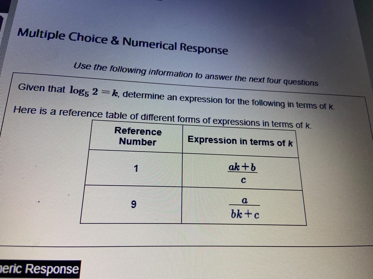 Multiple Choice & Numerical Response
Use the following information to answer the next four questions
Given that log5 2k, determine an expression for the following in terms of k.
Here is a reference table of different forms of expressions in terms of k.
Reference
Number
Expression in terms of k
neric Response
1
9
ak+b
C
a
bk+c