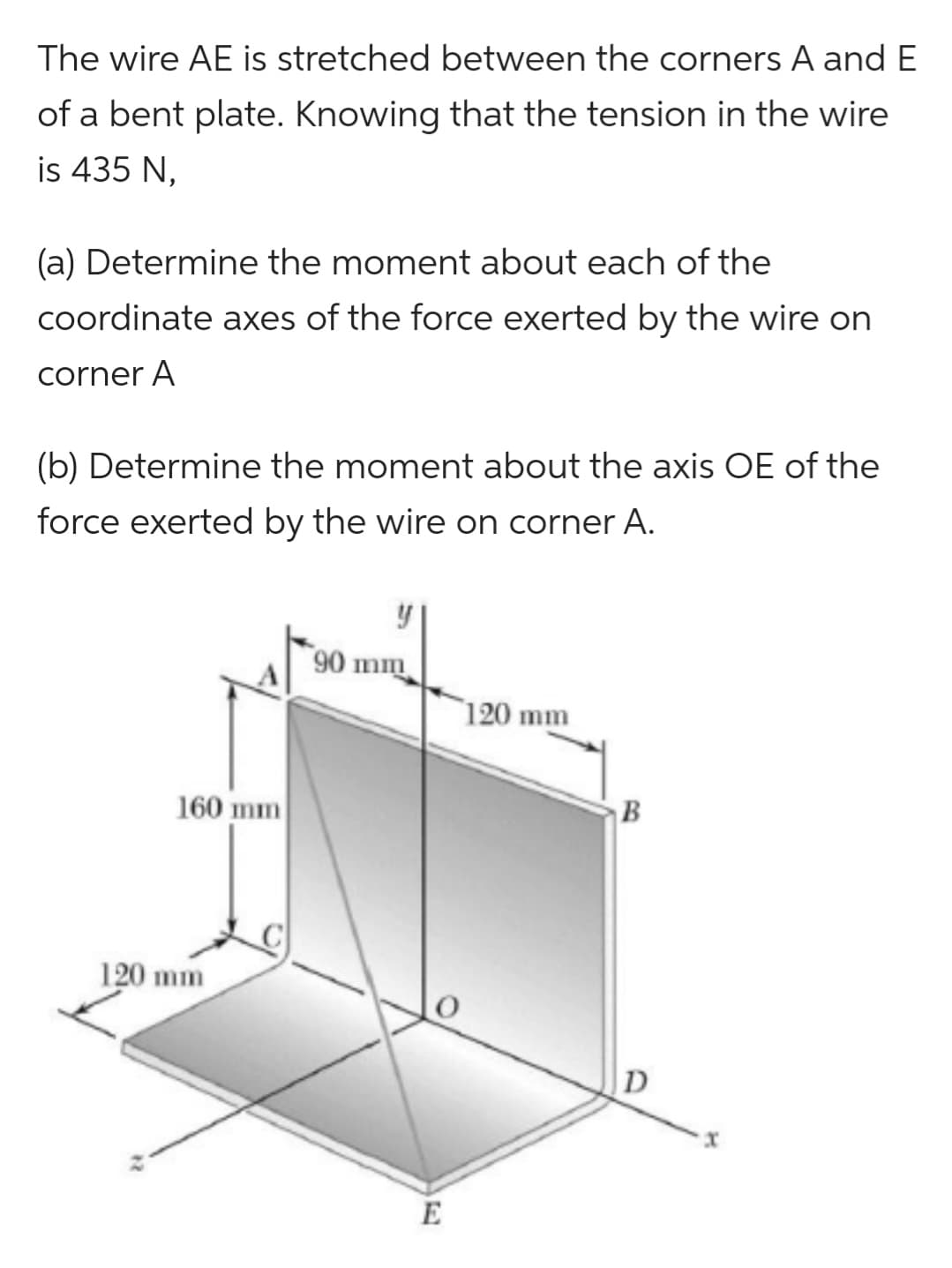 The wire AE is stretched between the corners A and E
of a bent plate. Knowing that the tension in the wire
is 435 N,
(a) Determine the moment about each of the
coordinate axes of the force exerted by the wire on
corner A
(b) Determine the moment about the axis OE of the
force exerted by the wire on corner A.
160 mm
120 mm
90 mm
E
120 mm
B
D