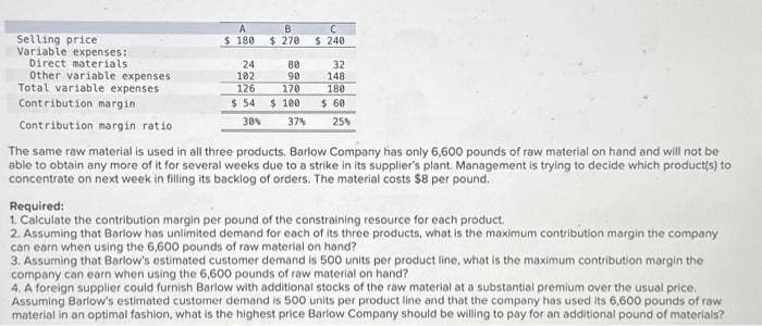 Selling price
Variable expenses:
Direct materials
Other variable expenses
Total variable expenses
Contribution margin
Contribution margin ratio
A
$180
24
102
126
$ 54
30%
B
$ 270
80
90
170
$ 100
37%
C
$ 240
32
148
180
$ 60
25%
The same raw material is used in all three products. Barlow Company has only 6,600 pounds of raw material on hand and will not be
able to obtain any more of it for several weeks due to a strike in its supplier's plant. Management is trying to decide which product(s) to
concentrate on next week in filling its backlog of orders. The material costs $8 per pound.
Required:
1. Calculate the contribution margin per pound of the constraining resource for each product.
2. Assuming that Barlow has unlimited demand for each of its three products, what is the maximum contribution margin the company
can earn when using the 6,600 pounds of raw material on hand?
3. Assuming that Barlow's estimated customer demand is 500 units per product line, what is the maximum contribution margin the
company can earn when using the 6,600 pounds of raw material on hand?
4. A foreign supplier could furnish Barlow with additional stocks of the raw material at a substantial premium over the usual price.
Assuming Barlow's estimated customer demand is 500 units per product line and that the company has used its 6,600 pounds of raw
material in an optimal fashion, what is the highest price Barlow Company should be willing to pay for an additional pound of materials?