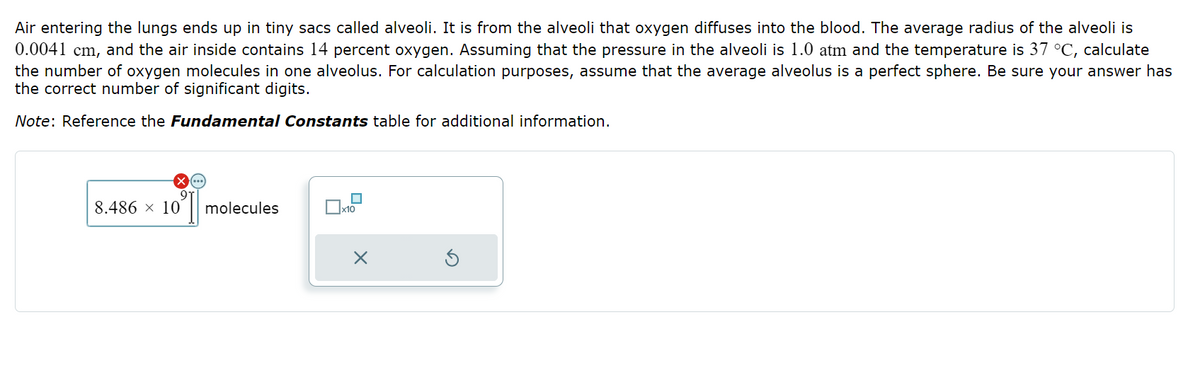 Air entering the lungs ends up in tiny sacs called alveoli. It is from the alveoli that oxygen diffuses into the blood. The average radius of the alveoli is
0.0041 cm, and the air inside contains 14 percent oxygen. Assuming that the pressure in the alveoli is 1.0 atm and the temperature is 37 °C, calculate
the number of oxygen molecules in one alveolus. For calculation purposes, assume that the average alveolus is a perfect sphere. Be sure your answer has
the correct number of significant digits.
Note: Reference the Fundamental Constants table for additional information.
8.486 x 10
10° |
molecules
x10