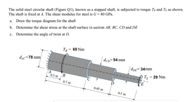 The solid steel circular shaft (Figure Q1), known as a stepped shaft, is subjected to torque Ty and Tg as shown.
The shaft is fixed at A. The shear modulus for steel is G = 80 GPa.
a. Draw the torque diagram for the shaft
b. Detemine the shear stress at the shaft surface in section AB, BC, CD and DE
c. Detemine the angle of twist at D.
T - 60 Nm
| dcp=54 mm
dịc=78 mm/
|dpg=34mm
TĘ = 29 Nm
0.3 m
0.7 m
0.45 m
0.5 m
