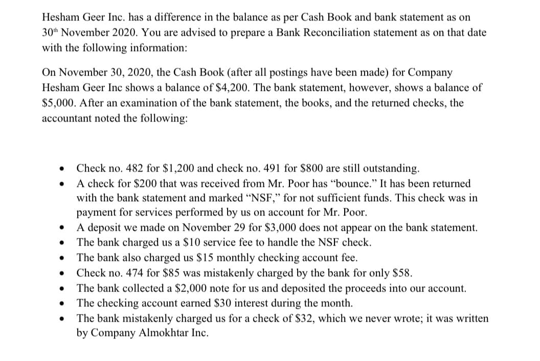 Hesham Geer Inc. has a difference in the balance as per Cash Book and bank statement as on
30th November 2020. You are advised to prepare a Bank Reconciliation statement as on that date
with the following information:
On November 30, 2020, the Cash Book (after all postings have been made) for Company
Hesham Geer Inc shows a balance of $4,200. The bank statement, however, shows a balance of
$5,000. After an examination of the bank statement, the books, and the returned checks, the
accountant noted the following:
Check no. 482 for $1,200 and check no. 491 for $800 are still outstanding.
A check for $200 that was received from Mr. Poor has "bounce." It has been returned
with the bank statement and marked “NSF," for not sufficient funds. This check was in
payment for services performed by us on account for Mr. Poor.
A deposit we made on November 29 for $3,000 does not appear on the bank statement.
The bank charged us a $10 service fee to handle the NSF check.
The bank also charged us $15 monthly checking account fee.
Check no. 474 for $85 was mistakenly charged by the bank for only $58.
The bank collected a $2,000 note for us and deposited the proceeds into our account.
The checking account earned $30 interest during the month.
The bank mistakenly charged us for a check of $32, which we never wrote; it was written
by Company Almokhtar Inc.
