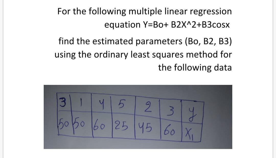 For the following multiple linear regression
equation Y=Bo+ B2X^2+B3cosx
find the estimated parameters (Bo, B2, B3)
using the ordinary least squares method for
the following data
2.
3.
5060 60 25 45 60 X,
