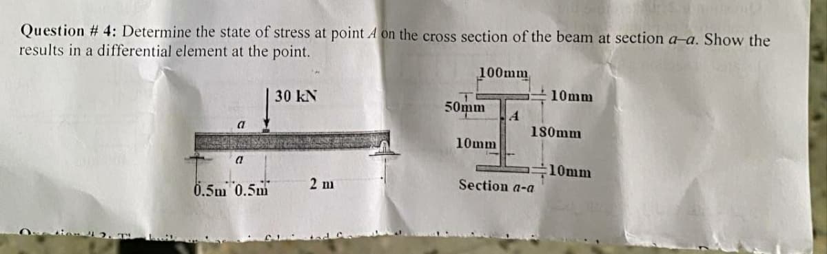 Question #4: Determine the state of stress at point A on the cross section of the beam at section a-a. Show the
results in a differential element at the point.
O
2. T
a
0.5m 0.5m
30 kN
2 m
100mm
50mm
I
10mm
10mm
180mm
Section a-a
10mm