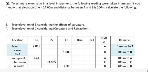 Q2: To estimate error ratio in a level instrument, the following reading were taken in meters. If you
know that elevation of A = 24.60m and distance between A and B is 200m, calculate the following:
3. True elevation of B considering the effects of curvature.
4. True elevation of C considering (Curvature and Refraction).
Location
level
close
to A
mid-point
between
A and B
BS
2.015
2.44
IS
-3.105
FS
1.883
2.32
Rise
Fall
Staff
at
A
B
ALB
с
Remarks
0 meter to A
200 m to B
100 m to A
100 m to C
100 m to B