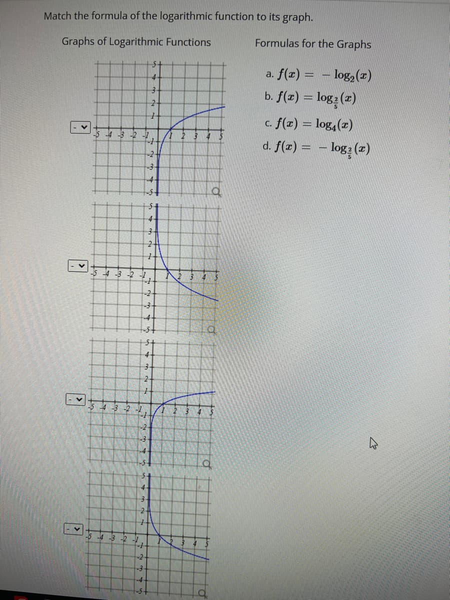 Match the formula of the logarithmic function to its graph.
Graphs of Logarithmic Functions
?
?
-5 -4 -3 -2 -1
-4-3-2
-5-4-3-2
-1-
-24
-3
-4-
1-54
5+
4
-54 -3 -2 -1
-1
-2-
-3
-4-
-5+
3
2
1
4
3+
2
1
5+
4
3
2
1
P
-1
-2
-4-
1-5+
3-
24
14
-1
-2-
-3.
-S-
1
2 3 4 5
2 3 4 5
2 3 4 5
a
a
Formulas for the Graphs
a. f(x) = log₂ (x)
b. f(x) = log2 (x)
-
c. f(x) = log₁(x)
d. f(x) = -log(x)