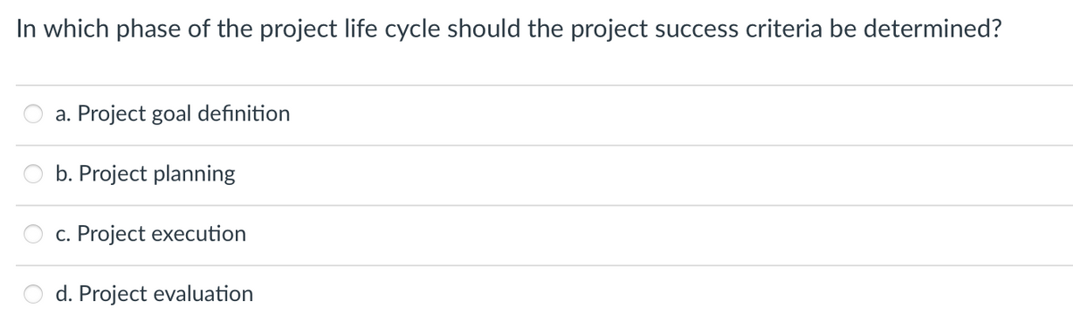 In which phase of the project life cycle should the project success criteria be determined?
a. Project goal definition
b. Project planning
c. Project execution
d. Project evaluation