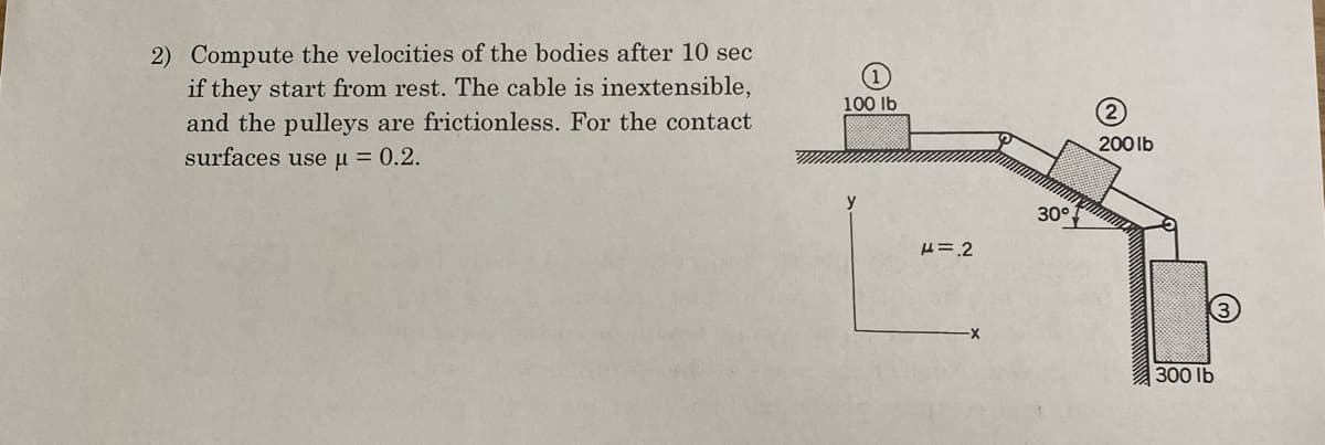 2) Compute the velocities of the bodies after 10 sec
if they start from rest. The cable is inextensible,
and the pulleys are frictionless. For the contact
surfaces use μ = 0.2.
100 lb
=.2
30°
(2)
200 lb
3
300 lb