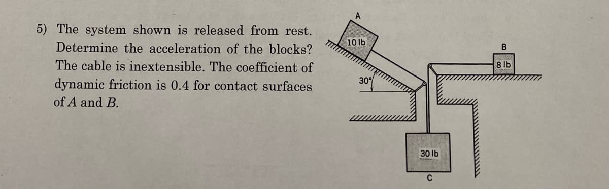 5) The system shown is released from rest.
Determine the acceleration of the blocks?
The cable is inextensible. The coefficient of
dynamic friction is 0.4 for contact surfaces
of A and B.
10 lb
30°
30 lb
C
B
8 lb