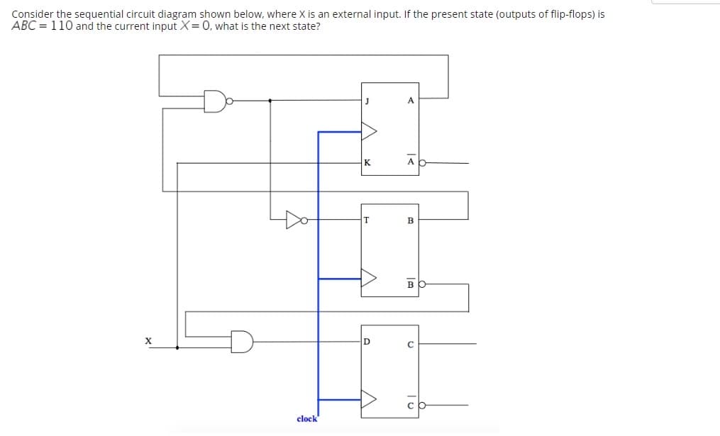 Consider the sequential circuit diagram shown below, where X is an external input. If the present state (outputs of flip-flops) is
ABC = 110 and the current input X=0, what is the next state?
A
K.
A
T
B
D
clock"

