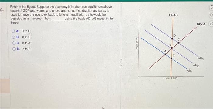 ←
Refer to the figure. Suppose the economy is in short-run equilibrium above
potential GDP and wages and prices are rising. If contractionary policy is
used to move the economy back to long-run equilibrium, this would be
depicted as a movement from
using the basic AD-AS model in the
figure.
A. D to C
B. C to B
OC. B to A
OD. A to E
Price level
A
4
LRAS
B
O
E
Real GDP
AD₁
SRAS
AD₁
AD₂
C
Q
2