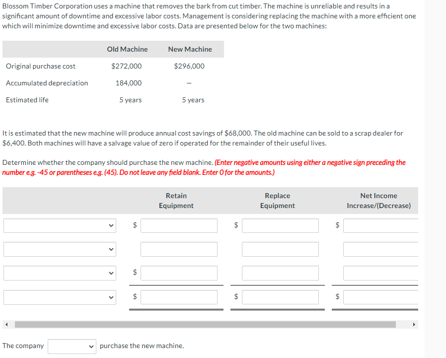 Blossom Timber Corporation uses a machine that removes the bark from cut timber. The machine is unreliable and results in a
significant amount of downtime and excessive labor costs. Management is considering replacing the machine with a more efficient one
which will minimize downtime and excessive labor costs. Data are presented below for the two machines:
Original purchase cost
Accumulated depreciation
Estimated life
Old Machine
$272,000
184,000
5 years
The company
It is estimated that the new machine will produce annual cost savings of $68,000. The old machine can be sold to a scrap dealer for
$6,400. Both machines will have a salvage value of zero if operated for the remainder of their useful lives.
Determine whether the company should purchase the new machine. (Enter negative amounts using either a negative sign preceding the
number e.g. -45 or parentheses e.g. (45). Do not leave any field blank. Enter O for the amounts.)
69
New Machine
$296,000
$
5 years
$
Retain
Equipment
purchase the new machine.
LA
Replace
Equipment
$
LA
$
Net Income
Increase/(Decrease)