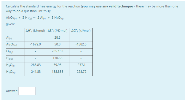 Calculate the standard free energy for the reaction (you may use any valid technique - there may be more than one
way to do a question like this):
Al2Oa6s) + 3 Hzig) - 2 Al)
3 H;Og)
given:
AH; (kJ/mol) AS°; (J/K-mol) AG°; (kJ/mol)
Ala
28.3
AlOa)
-1679.0
50.8
-1582.0
Ozig)
205.152
Hzig)
130.68
-285.83
69.95
-237.1
-241.83
188.835
-228.72
Answer:
