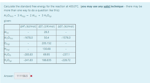 Calculate the standard free energy for the reaction at 400.0°C. (you may use any valid technique - there may be
more than one way to do a question like this):
Al;O316)
3 H2g) - 2 Alg)
3 H2O(g)
given:
AH; (kJ/mol) AS°; (J/K-mol) AG°; (kJ/mol)
28.3
AlzO3)
-1678.0
50.4
-1576.0
Ozig)
205.152
Hzig)
130.68
-285.83
69.95
-237.1
-241.83
188.835
-228.72
Answer:
111158.5 x
