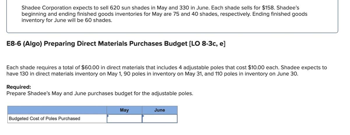Shadee Corporation expects to sell 620 sun shades in May and 330 in June. Each shade sells for $158. Shadee's
beginning and ending finished goods inventories for May are 75 and 40 shades, respectively. Ending finished goods
inventory for June will be 60 shades.
E8-6 (Algo) Preparing Direct Materials Purchases Budget [LO 8-3c, e]
Each shade requires a total of $60.00 in direct materials that includes 4 adjustable poles that cost $10.00 each. Shadee expects to
have 130 in direct materials inventory on May 1, 90 poles in inventory on May 31, and 110 poles in inventory on June 30.
Required:
Prepare Shadee's May and June purchases budget for the adjustable poles.
Budgeted Cost of Poles Purchased
May
June