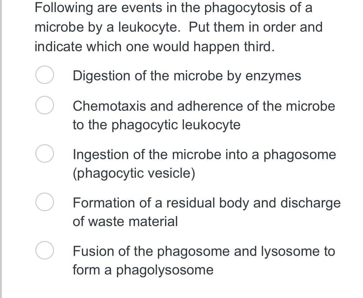 Following are events in the phagocytosis of a
microbe by a leukocyte. Put them in order and
indicate which one would happen third.
Digestion of the microbe by enzymes
Chemotaxis and adherence of the microbe
to the phagocytic leukocyte
Ingestion of the microbe into a phagosome
(phagocytic vesicle)
Formation of a residual body and discharge
of waste material
Fusion of the phagosome and lysosome to
form a phagolysosome