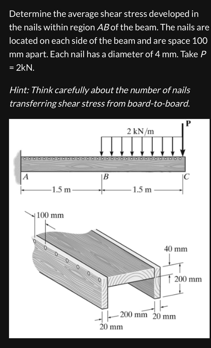 Determine the average shear stress developed in
the nails within region AB of the beam. The nails are
located on each side of the beam and are space 100
mm apart. Each nail has a diameter of 4 mm. Take P
= 2kN.
=
Hint: Think carefully about the number of nails
transferring shear stress from board-to-board.
2 kN/m
A
B
-1.5 m
1.5 m
100 mm
+
20 mm
40 mm
200 mm 20 mm
200 mm