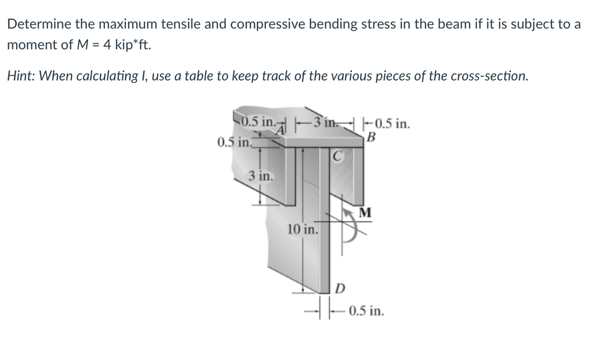Determine the maximum tensile and compressive bending stress in the beam if it is subject to a
moment of M = 4 kip*ft.
Hint: When calculating I, use a table to keep track of the various pieces of the cross-section.
|−0.5 in. | |—–—– 3 in. ·| |–0.5 in.
0.5 in.
B
3 in.
10 in.
D
M
0.5 in.
