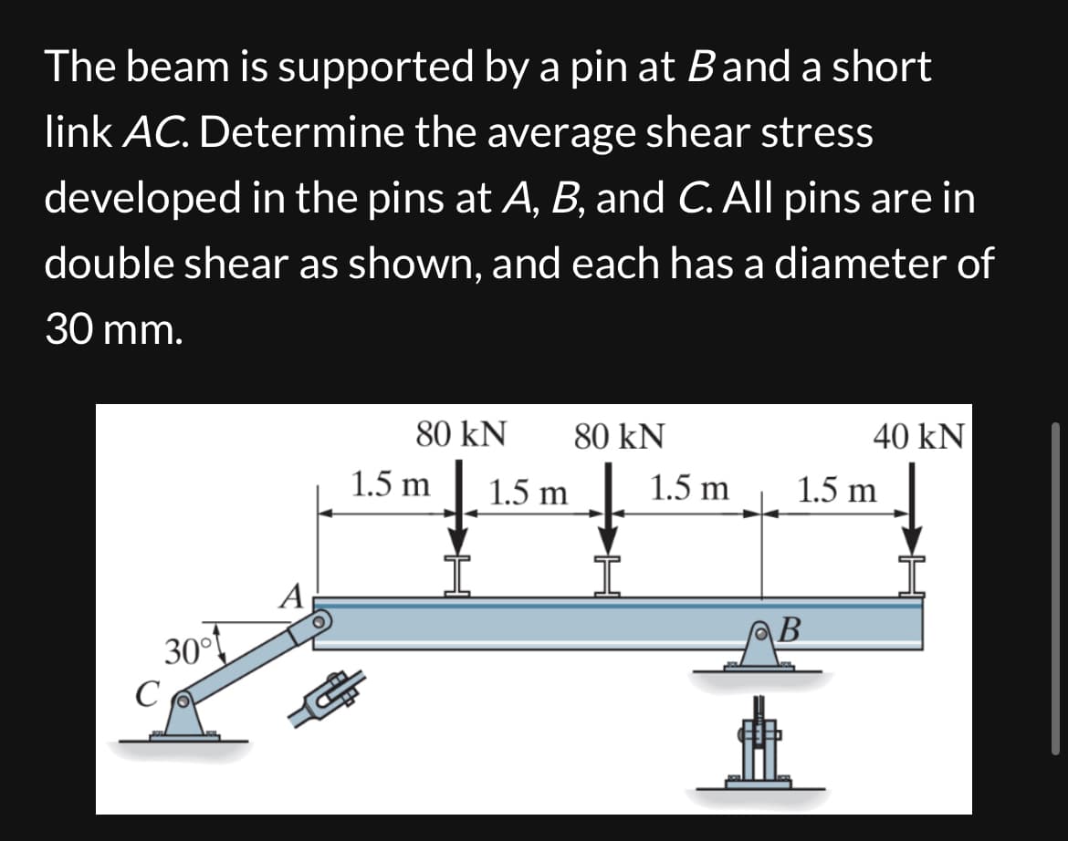 The beam is supported by a pin at B and a short
link AC. Determine the average shear stress
developed in the pins at A, B, and C. All pins are in
double shear as shown, and each has a diameter of
30 mm.
30°
A
80 kN
80 kN
40 kN
1.5 m
1.5 m
1.5 m
1.5 m
B