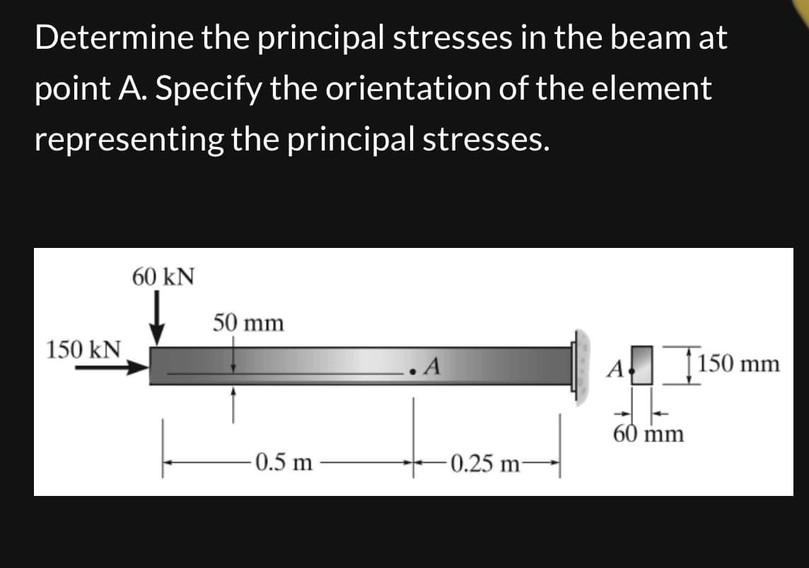 Determine the principal stresses in the beam at
point A. Specify the orientation of the element
representing the principal stresses.
150 kN
60 kN
50 mm
A
A
[150
150 mm
60 mm
0.5 m
-0.25 m-