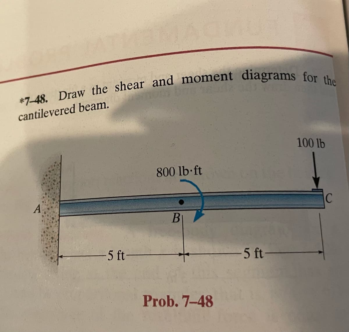 THEMAGI
*7-48. Draw the shear and moment diagrams for the
cantilevered beam.
A
-5 ft-
800 lb-ft
B
Prob. 7-48
5 ft-
100 lb
C