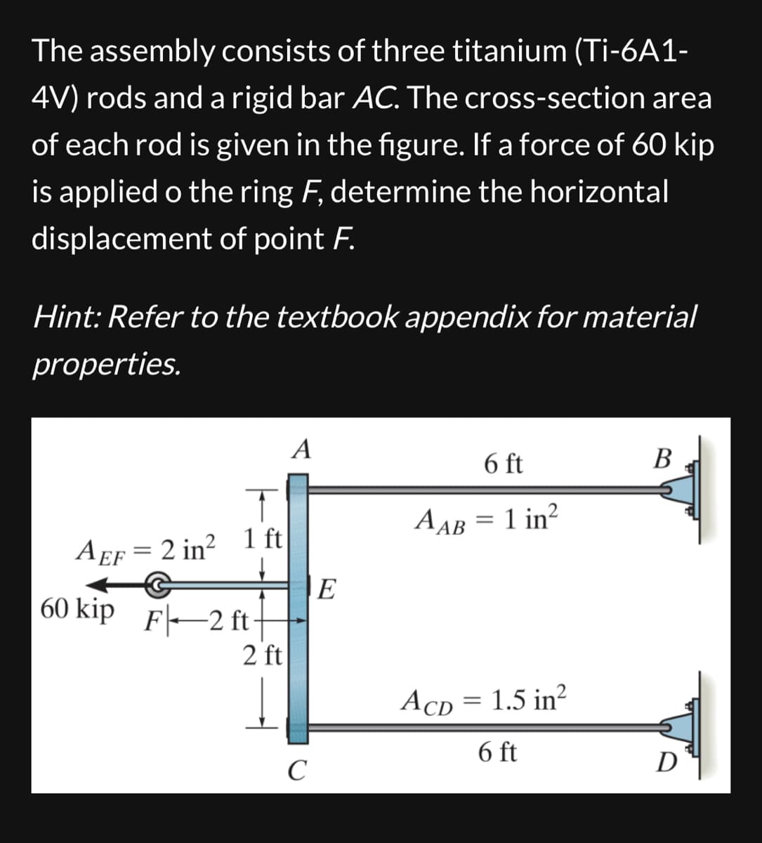 The assembly consists of three titanium (Ti-6A1-
4V) rods and a rigid bar AC. The cross-section area
of each rod is given in the figure. If a force of 60 kip
is applied o the ring F, determine the horizontal
displacement of point F.
Hint: Refer to the textbook appendix for material
properties.
AEF 2 in² 1 ft
=
60 kip F-2 ft-
2 ft
A
C
6 ft
B
AAB
=
1 in²
E
ACD = 1.5 in²
6 ft
D