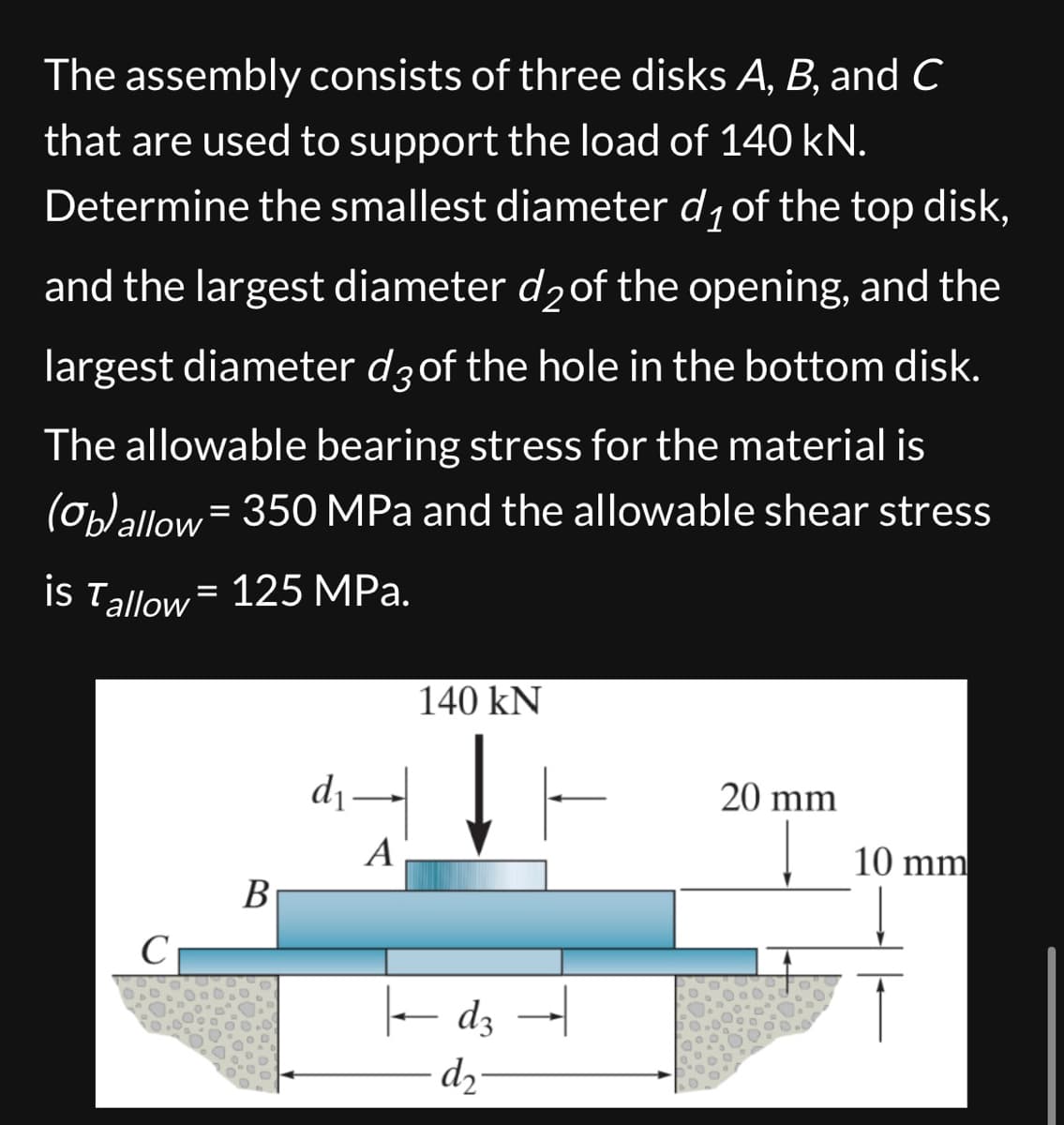 The assembly consists of three disks A, B, and C
that are used to support the load of 140 kN.
Determine the smallest diameter d₁ of the top disk,
and the largest diameter d₂ of the opening, and the
largest diameter d3 of the hole in the bottom disk.
The allowable bearing stress for the material is
(b) allow = 350 MPa and the allowable shear stress
is Tallow=125 MPa.
C
B
d₁ -|
A
140 kN
20 mm
10 mm
d3
d2