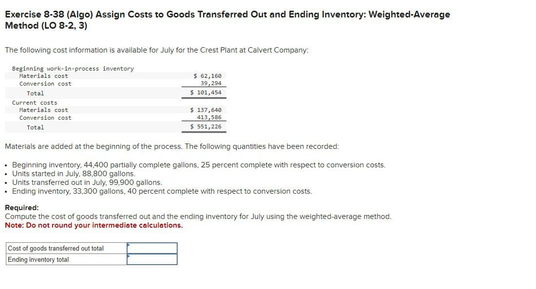 Exercise 8-38 (Algo) Assign Costs to Goods Transferred Out and Ending Inventory: Weighted-Average
Method (LO 8-2,3)
The following cost information is available for July for the Crest Plant at Calvert Company:
Beginning work-in-process inventory
Materials cost
Conversion cost
Total
Current costs
Materials cost
Conversion cost
Total
$ 62,160
39,294
$ 101,454
$ 137,640
413,586
$ 551,226
Materials are added at the beginning of the process. The following quantities have been recorded:
⚫ Beginning inventory, 44,400 partially complete gallons, 25 percent complete with respect to conversion costs.
⚫ Units started in July, 88,800 gallons.
⚫ Units transferred out in July, 99,900 gallons.
• Ending inventory, 33,300 gallons, 40 percent complete with respect to conversion costs.
Required:
Compute the cost of goods transferred out and the ending inventory for July using the weighted-average method.
Note: Do not round your intermediate calculations.
Cost of goods transferred out total
Ending inventory total