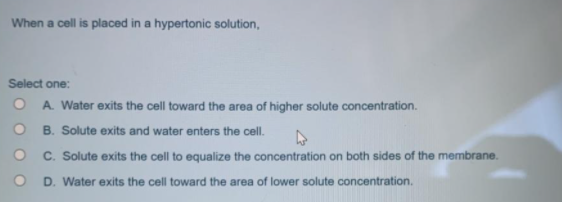 When a cell is placed in a hypertonic solution,
Select one:
A. Water exits the cell toward the area of higher solute concentration.
B. Solute exits and water enters the cell.
C. Solute exits the cell to equalize the concentration on both sides of the membrane.
D. Water exits the cell toward the area of lower solute concentration.
