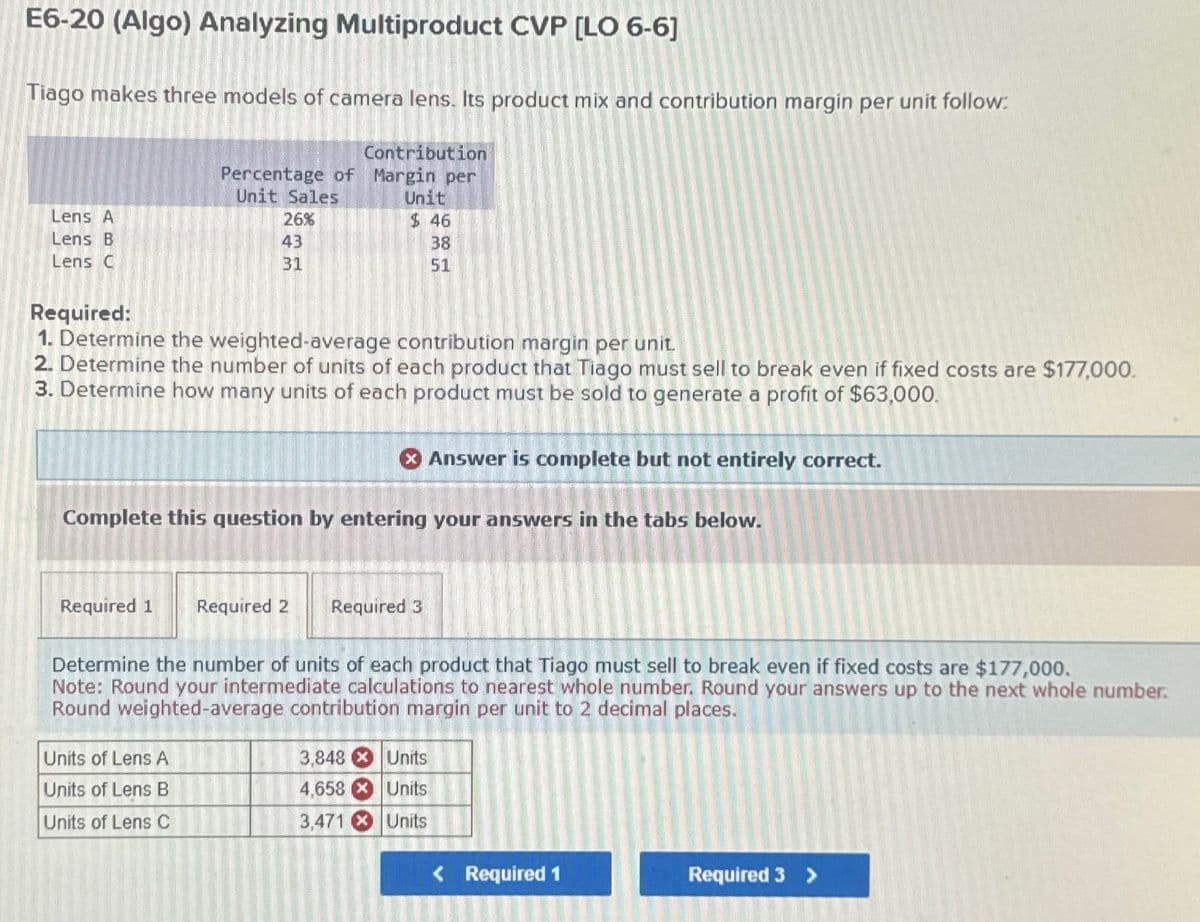 E6-20 (Algo) Analyzing Multiproduct CVP [LO 6-6]
Tiago makes three models of camera lens. Its product mix and contribution margin per unit follow:
Lens A
Lens B
Lens C
Contribution
Percentage of Margin per
Unit Sales
26%
43
31
Unit
$ 46
38
51
Required:
1. Determine the weighted-average contribution margin per unit.
2. Determine the number of units of each product that Tiago must sell to break even if fixed costs are $177,000.
3. Determine how many units of each product must be sold to generate a profit of $63,000.
x Answer is complete but not entirely correct.
Complete this question by entering your answers in the tabs below.
Required 1 Required 2
Required 3
Determine the number of units of each product that Tiago must sell to break even if fixed costs are $177,000.
Note: Round your intermediate calculations to nearest whole number. Round your answers up to the next whole number.
Round weighted-average contribution margin per unit to 2 decimal places.
Units of Lens A
Units of Lens B
Units of Lens C
3,848
4,658
3,471 Units
Units
Units
< Required 1
Required 3 >