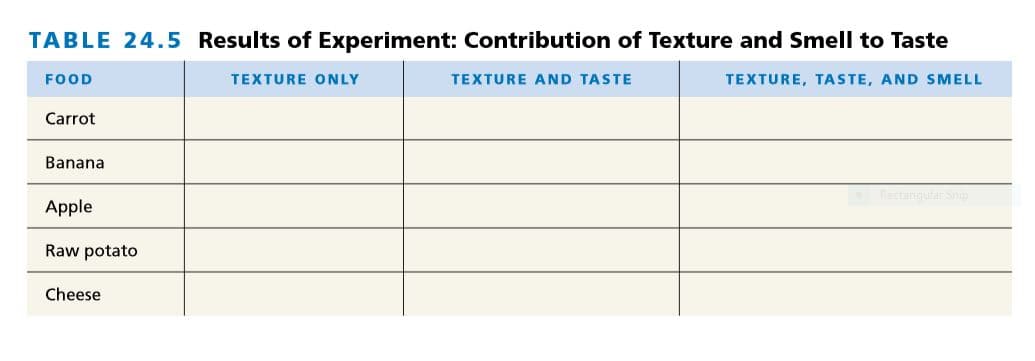 TABLE 24.5 Results of Experiment: Contribution of Texture and Smell to Taste
FOOD
TEXTURE ONLY
TEXTURE AND TASTE
TEXTURE, TASTE, AND SMELL
Carrot
Banana
Rectangular Snip
Apple
Raw potato
Cheese
