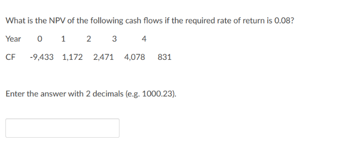 What is the NPV of the following cash flows if the required rate of return is 0.08?
Year 0 1 2 3
4
CF -9,433 1,172 2,471 4,078
831
Enter the answer with 2 decimals (e.g. 1000.23).