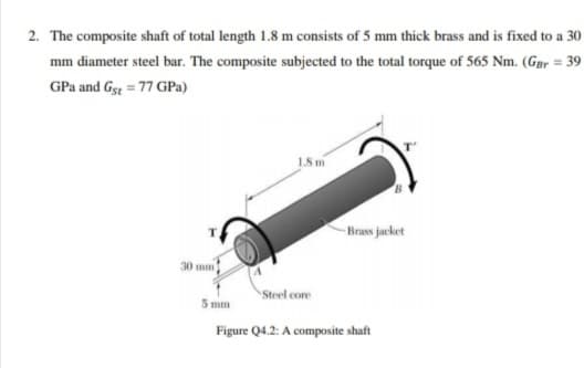 2. The composite shaft of total length 1.8 m consists of 5 mm thick brass and is fixed to a 30
mm diameter steel bar. The composite subjected to the total torque of 565 Nm. (Gpy = 39
GPa and Gsg = 77 GPa)
1.8 m
-Brass jacket
30 mm
Steel core
5 mm
Figure Q4.2: A composite shaft
