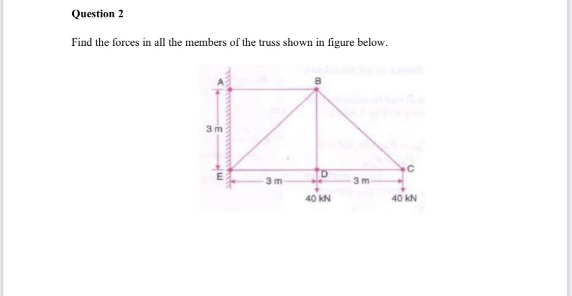 Question 2
Find the forces in all the members of the truss shown in figure below.
B
3 m
3 m
3m
40 kN
40 kN
