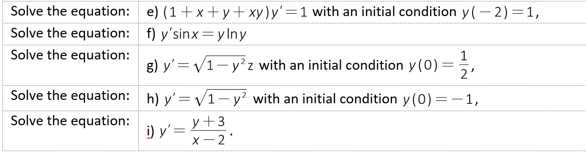 Solve the equation:
Solve the equation:
Solve the equation:
Solve the equation:
Solve the equation:
e) (1+x+y+xy) y'=1 with an initial condition y(− 2) =1,
f) y'sinx=ylny
1
g) y'=√1-y²z with an initial condition y(0) = 2'
h) y'=√1- y² with an initial condition y(0)=-1,
y +3
X-2'
i) y'=