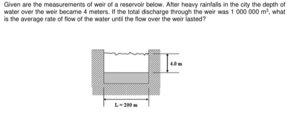 Given are the measurements of weir of a reservoir below. After heavy rainfalls in the city the depth of
water over the weir became 4 meters. If the total discharge through the weir was 1 000 000 m³, what
is the average rate of flow of the water until the flow over the weir lasted?
4.0 m
L-200 m
