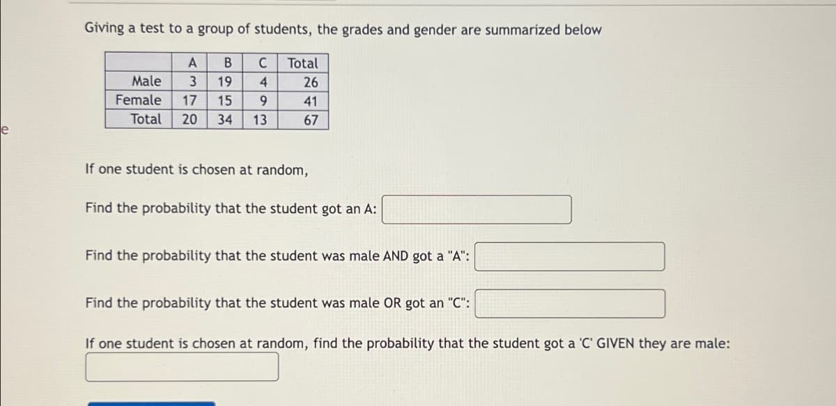 e
Giving a test to a group of students, the grades and gender are summarized below
A
B
C
Total
Male
3
19
4
26
Female
17 15
9
41
Total 20 34
13
67
If one student is chosen at random,
Find the probability that the student got an A:
Find the probability that the student was male AND got a "A":
Find the probability that the student was male OR got an "C":
If one student is chosen at random, find the probability that the student got a 'C' GIVEN they are male: