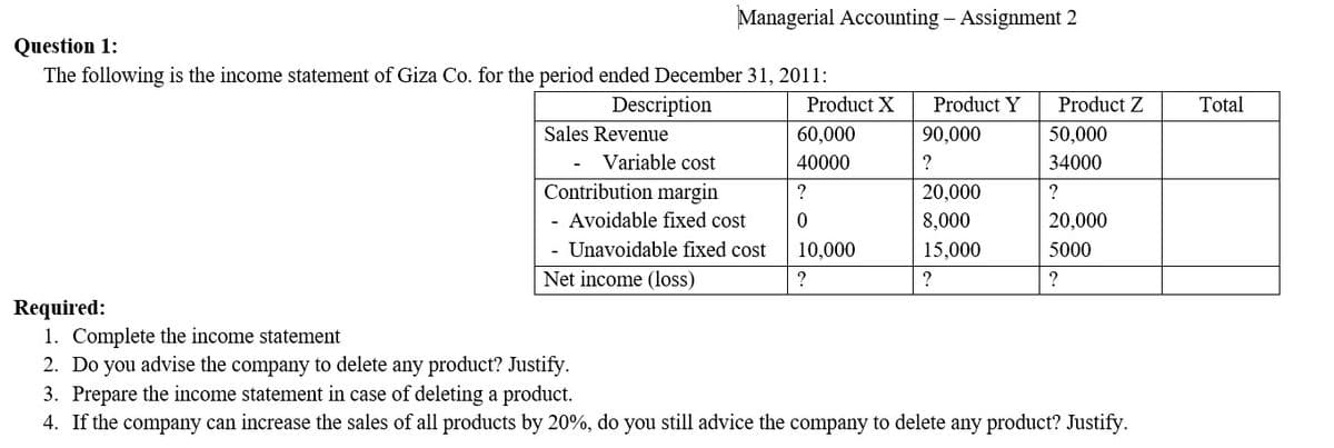 Question 1:
The following is the income statement of Giza Co. for the period ended December 31, 2011:
Required:
Description
Sales Revenue
Variable cost
Managerial Accounting - Assignment 2
Contribution margin
Avoidable fixed cost
- Unavoidable fixed cost
Net income (loss)
Product X
60,000
40000
?
0
10,000
?
Product Y
90,000
?
20,000
8,000
15,000
?
Product Z
50,000
34000
?
20,000
5000
?
1. Complete the income statement
2. Do you advise the company to delete any product? Justify.
3. Prepare the income statement in case of deleting a product.
4. If the company can increase the sales of all products by 20%, do you still advice the company to delete any product? Justify.
Total