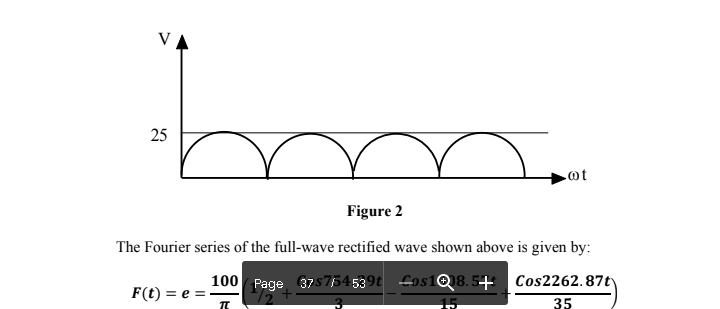 V
25
ot
Figure 2
The Fourier series of the full-wave rectified wave shown above is given by:
100 Page 37s754539t fos108. 5 Cos2262.87ty
F(t) = e =
35
