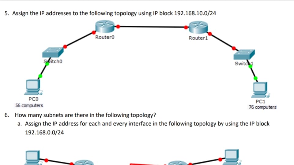5. Assign the IP addresses to the following topology using IP block 192.168.10.0/24
Routero
Router1
Skitcho
Switch1
PCO
PC1
56 computers
76 computers
6. How many subnets are there in the following topology?
a. Assign the IP address for each and every interface in the following topology by using the IP block
192.168.0.0/24
