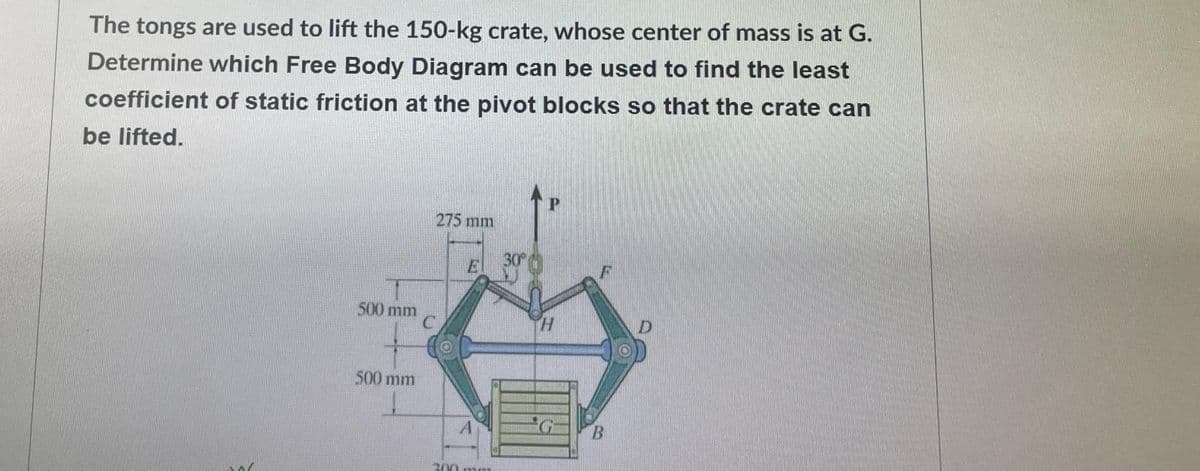The tongs are used to lift the 150-kg crate, whose center of mass is at G.
Determine which Free Body Diagram can be used to find the least
coefficient of static friction at the pivot blocks so that the crate can
be lifted.
500 mm
500 mm
275 mm
LOS
E 300
A
H
B