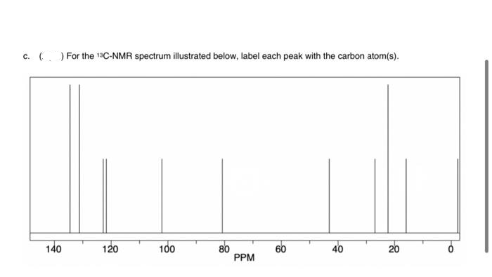 c. () For the 13C-NMR spectrum illustrated below, label each peak with the carbon atom(s).
140
120
100
80
PPM
60
40
20