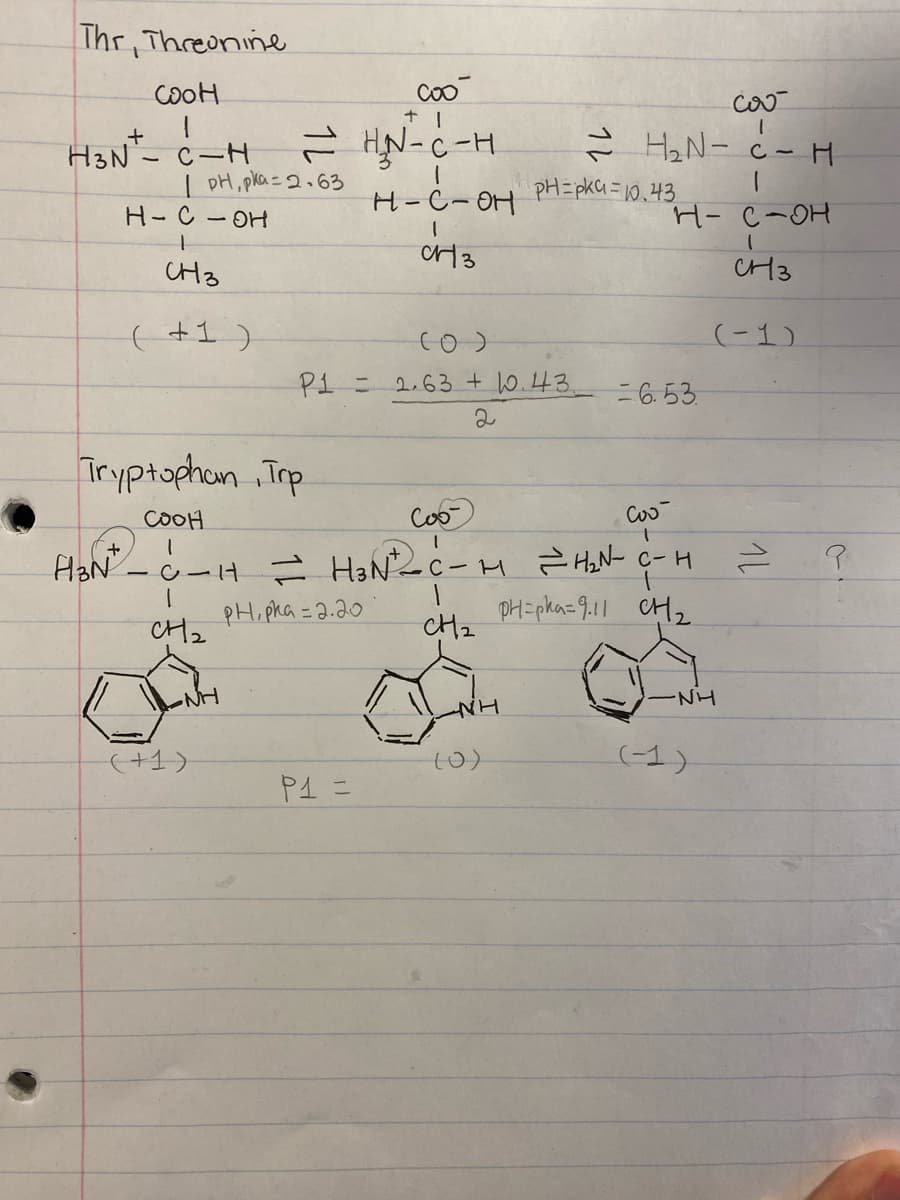 Thr, Threonine
соон
+
H3N-C-H
| PH, pka=2.63
H-C-OH
1
CH3
(+1)
-NH
(+1)
P1 =
Coo
+ 1
H₂N-C-H
H-C-OH
CH13
Tryptophan Trp
соон
1
+
H³N² - C-H = H₂ND_C
PH, pha=2.20
CH₂
P1 =
(0)
2.63 +0.43.
2
саб
1
H₂N-C-
PH=pka=10.43
(0)
н- с-он
1
CH3
= 6.53
Coo
Coo
1
C-M =H₂N-C-H
PHEpha 911 CH2
CH2
(-1)
-NH
(-1)
H
16
~