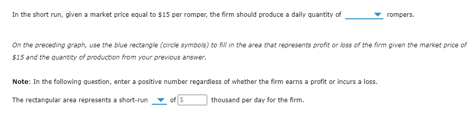 In the short run, given a market price equal to $15 per romper, the firm should produce a daily quantity of
On the preceding graph, use the blue rectangle (circle symbols) to fill in the area that represents profit or loss of the firm given the market price of
$15 and the quantity of production from your previous answer.
Note: In the following question, enter a positive number regardless of whether the firm earns a profit or incurs a loss.
thousand per day for the firm.
The rectangular area represents a short-run
rompers.
of $