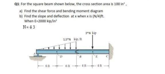 Q1: For the square beam shown below, the cross section area is 100 in",
a) Find the shear force and bending moment diagram
b) Find the slope and deflection at x when x is (N/4)ft.
When E-2000 kip/in
N= 43
3*N kip
1.5°N kip/t
- 6t +
6ft 4t+ 4t
