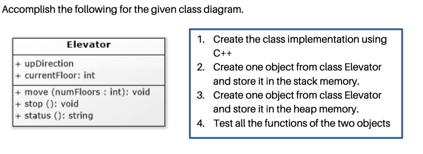 Accomplish the following for the given class diagram.
1. Create the class implementation using
Elevator
C++
+ upDirection
|+ currentFloor: int
+ move (numFloors : int): void
+ stop (): void
+ status (): string
2. Create one object from class Elevator
and store it in the stack memory.
3. Create one object from class Elevator
and store it in the heap memory.
4. Test all the functions of the two objects

