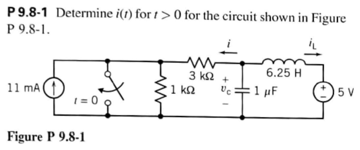 P 9.8-1 Determine i(t) for t> 0 for the circuit shown in Figure
P 9.8-1.
11 mA
1=0
Figure P 9.8-1
M
3 ΚΩ
1 ΚΩ
6.25 H
+
Uc=1 μF
5 V