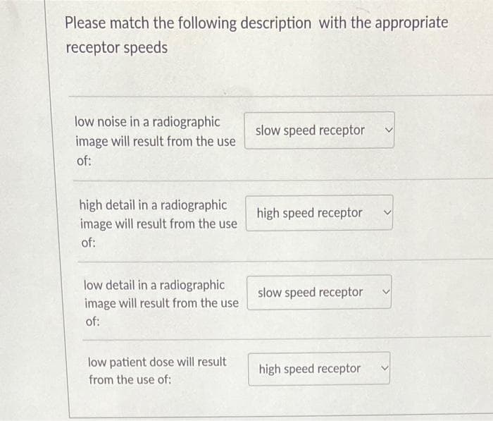 Please match the following description with the appropriate
receptor speeds
low noise in a radiographic
image will result from the use
of:
high detail in a radiographic
image will result from the use
of:
low detail in a radiographic
image will result from the use
of:
low patient dose will result
from the use of:
slow speed receptor
high speed receptor
slow speed receptor
high speed receptor